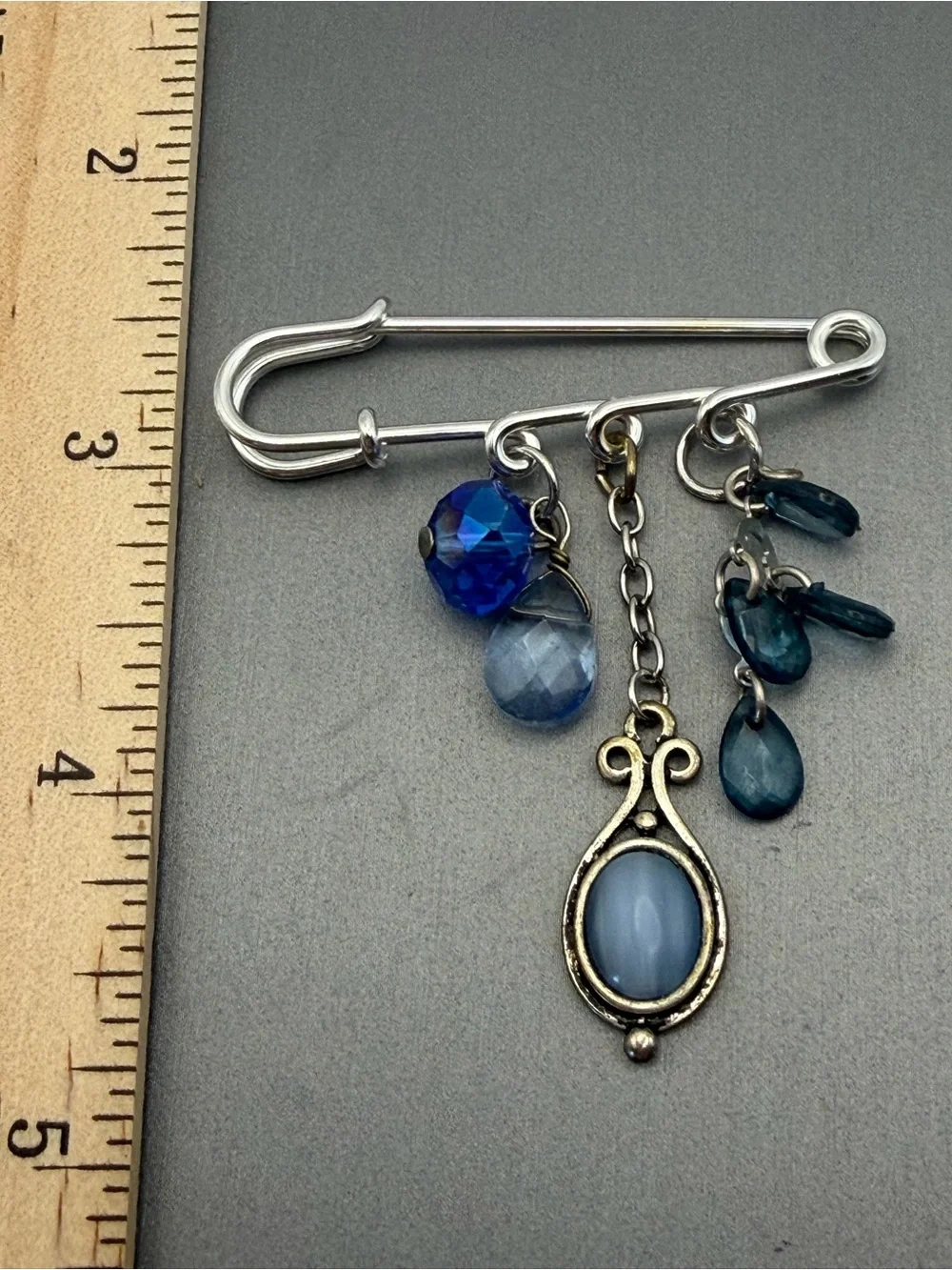 Blue Moonglow Color Oval Dangle Silver Tone Charm Safety Pin Brooch